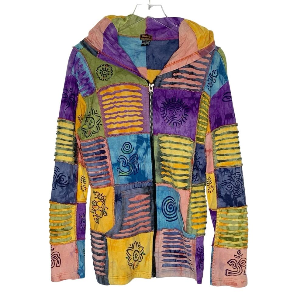 Rising International Patchwork Hoodie XL Multicolor Boho Razor Cut Hippie VTG